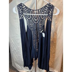 221 Gorgeous Navy Blue Crochet Lace Racerback Hi-Lo Sleeveless Top Small Boho